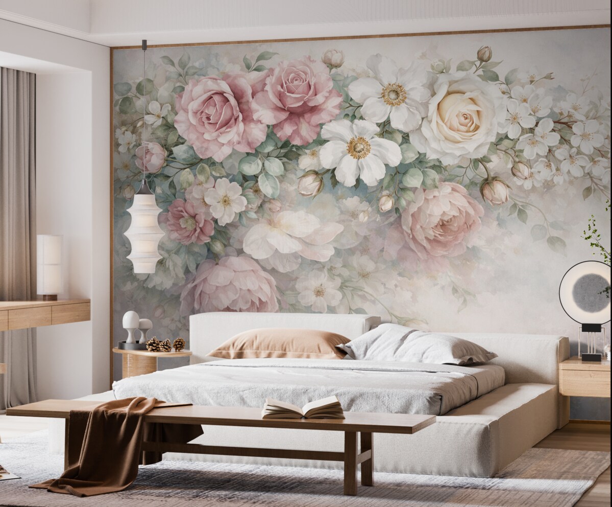 Fototapeta Subtelna, pastelowa aranżacja kwiatowa z różowymi różami, białymi roślinami i zielonymi liśćmi.