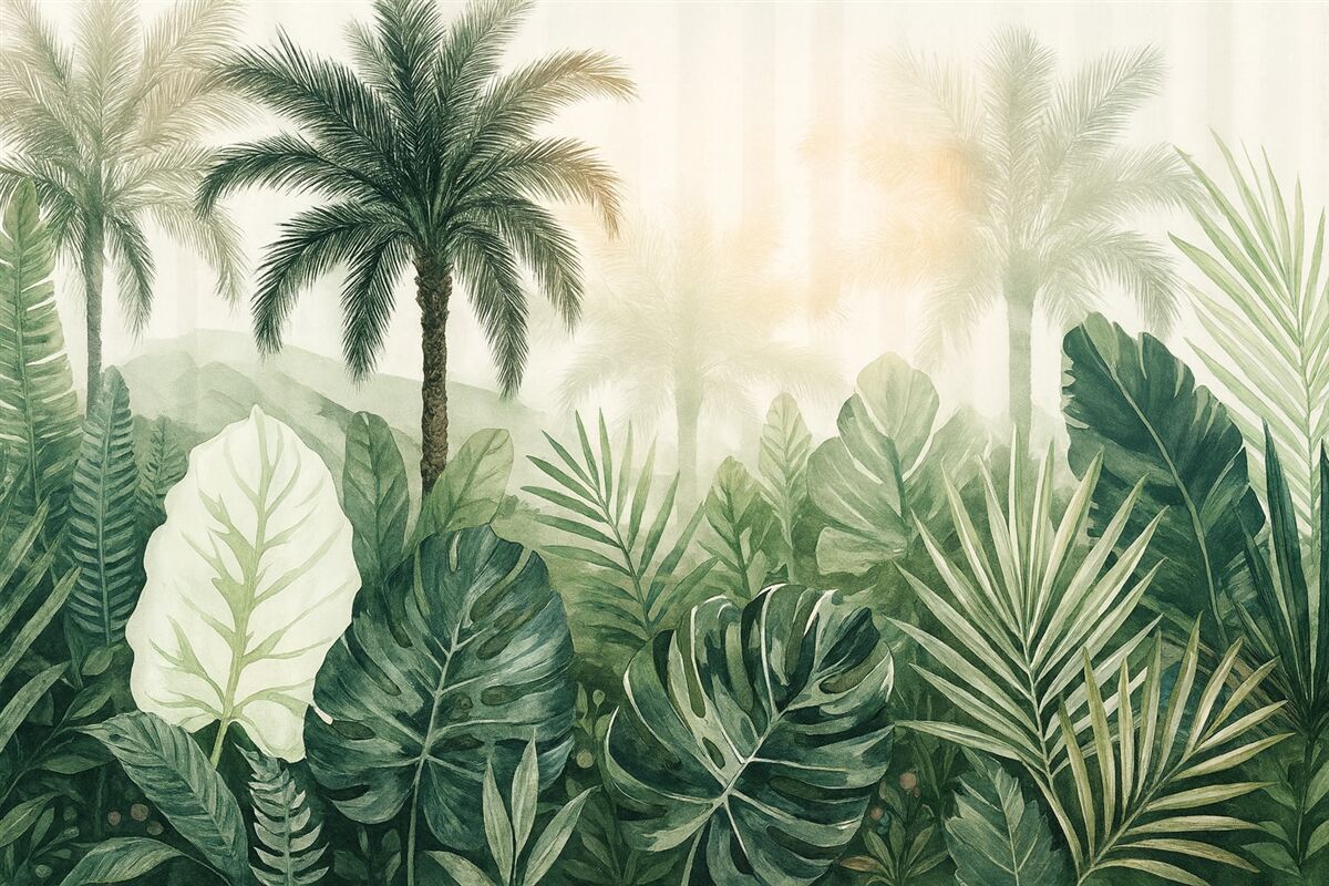 Fototapeta Scena teksturowanej tropikalnej dżungli z gęstymi zielonymi liśćmi palmowymi i konarami na pierwszym planie.