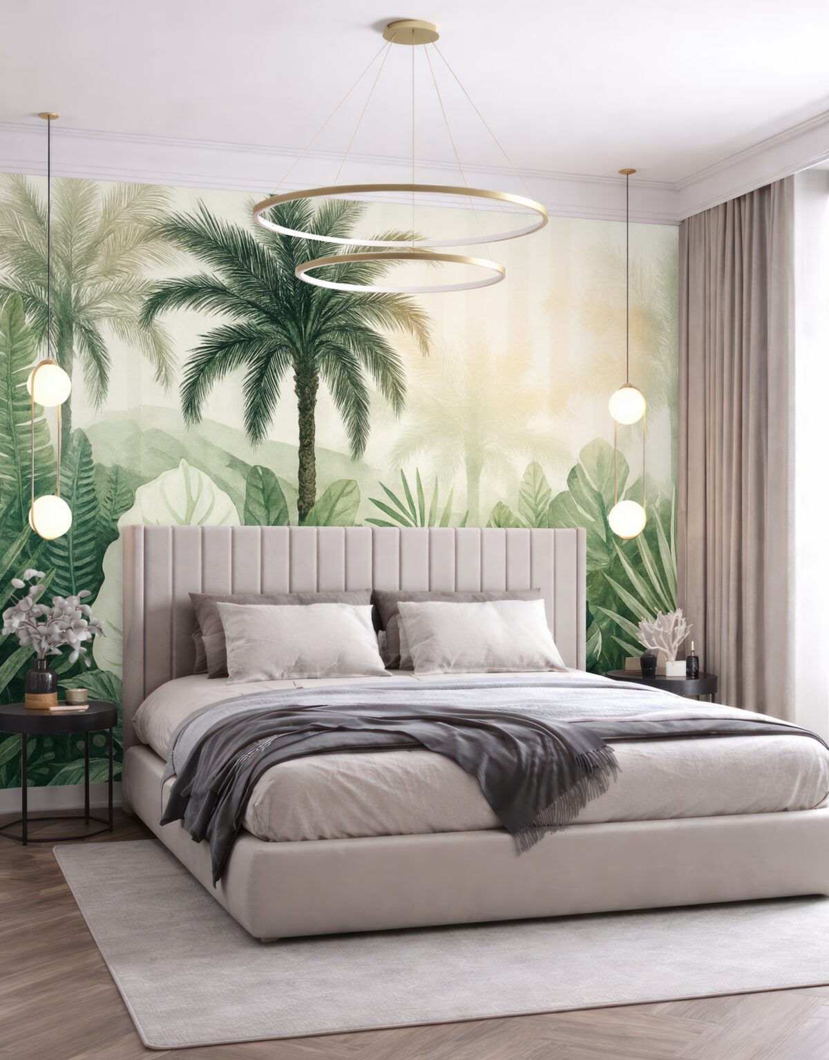 Fototapeta Scena teksturowanej tropikalnej dżungli z gęstymi zielonymi liśćmi palmowymi i konarami na pierwszym planie.