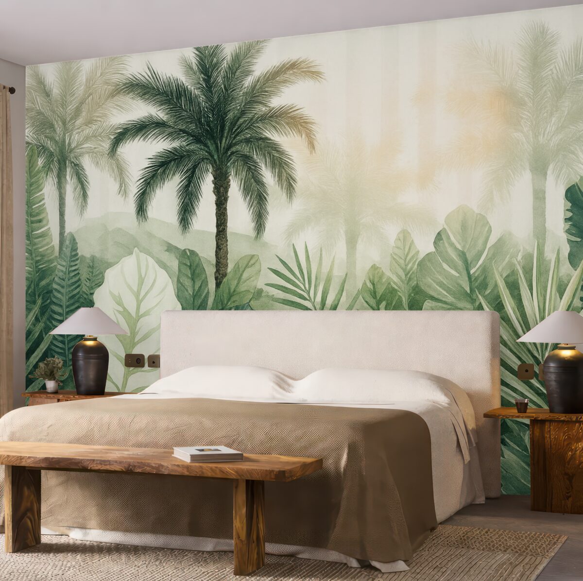 Fototapeta Scena teksturowanej tropikalnej dżungli z gęstymi zielonymi liśćmi palmowymi i konarami na pierwszym planie.