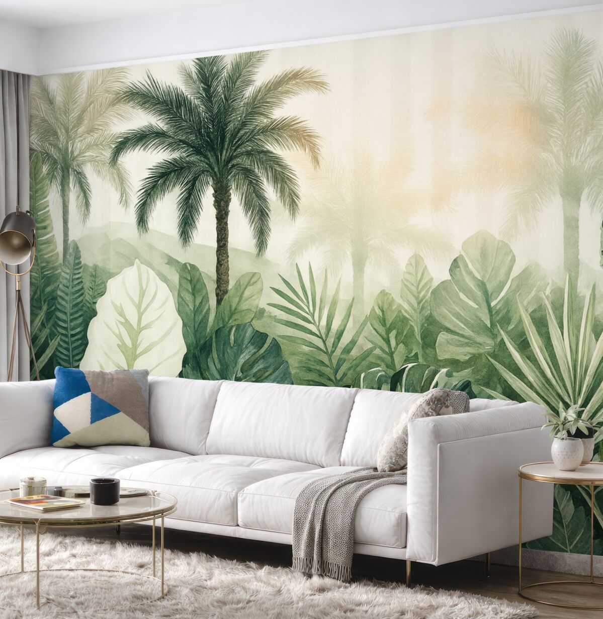 Fototapeta Scena teksturowanej tropikalnej dżungli z gęstymi zielonymi liśćmi palmowymi i konarami na pierwszym planie.