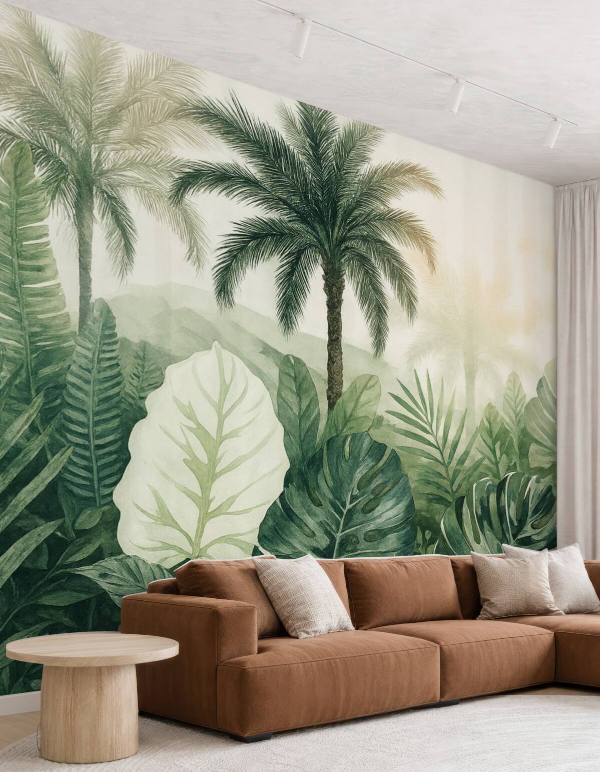 Fototapeta Scena teksturowanej tropikalnej dżungli z gęstymi zielonymi liśćmi palmowymi i konarami na pierwszym planie.