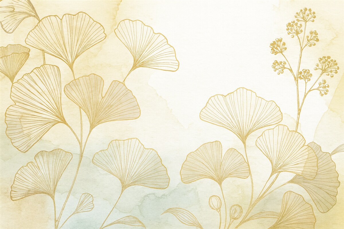 Fototapeta Wzór subtelnych liści miłorzębu w odcieniach jasnobeżowym, opalanego brązu i błękitu na jasnej podstawie.