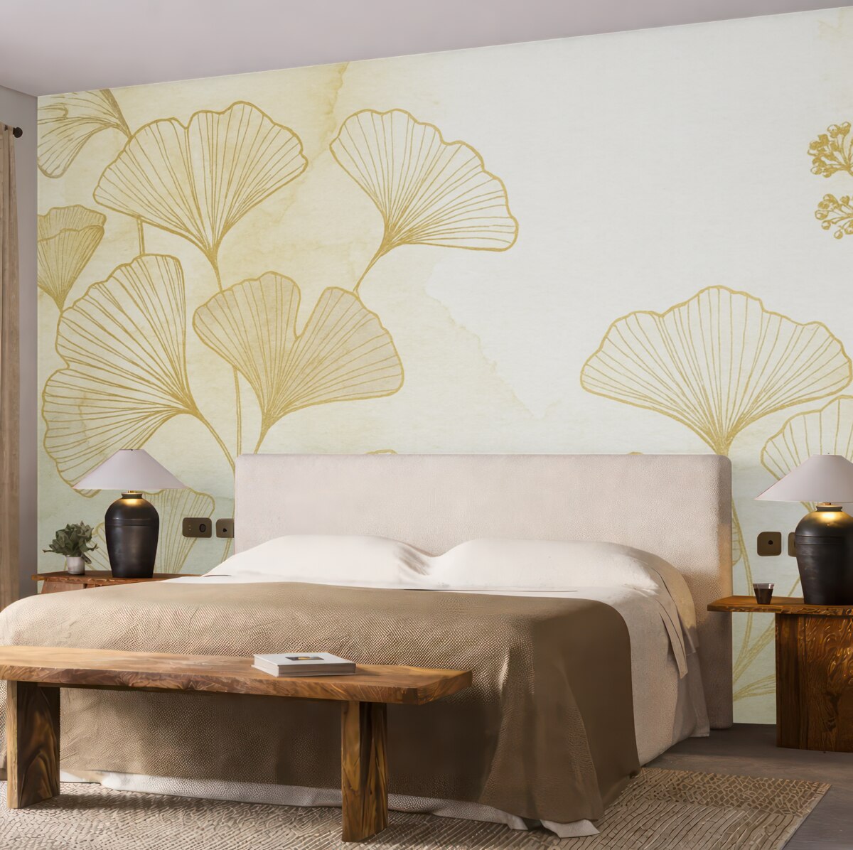 Fototapeta Wzór subtelnych liści miłorzębu w odcieniach jasnobeżowym, opalanego brązu i błękitu na jasnej podstawie.