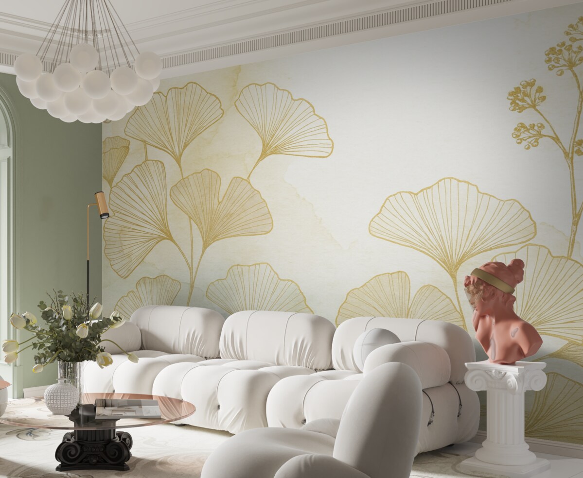 Fototapeta Wzór subtelnych liści miłorzębu w odcieniach jasnobeżowym, opalanego brązu i błękitu na jasnej podstawie.