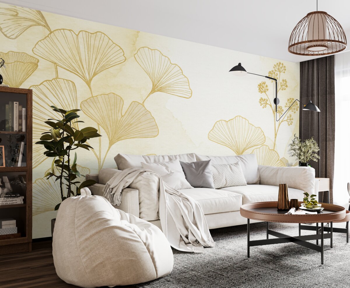 Fototapeta Wzór subtelnych liści miłorzębu w odcieniach jasnobeżowym, opalanego brązu i błękitu na jasnej podstawie.