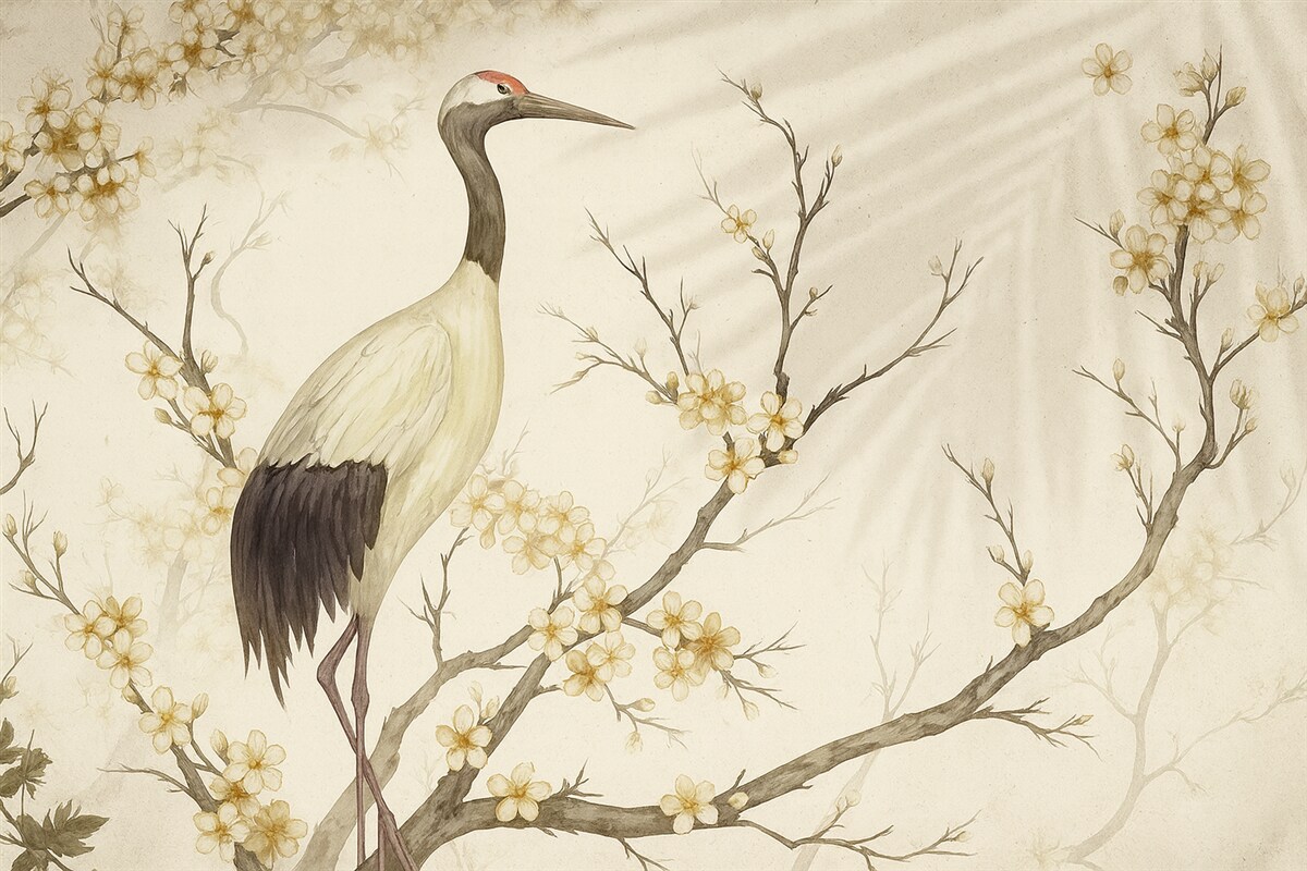 Fototapeta Biały żuraw stojący na konarze z kwitnącymi roślinami na delikatnym, rozmytym tle.