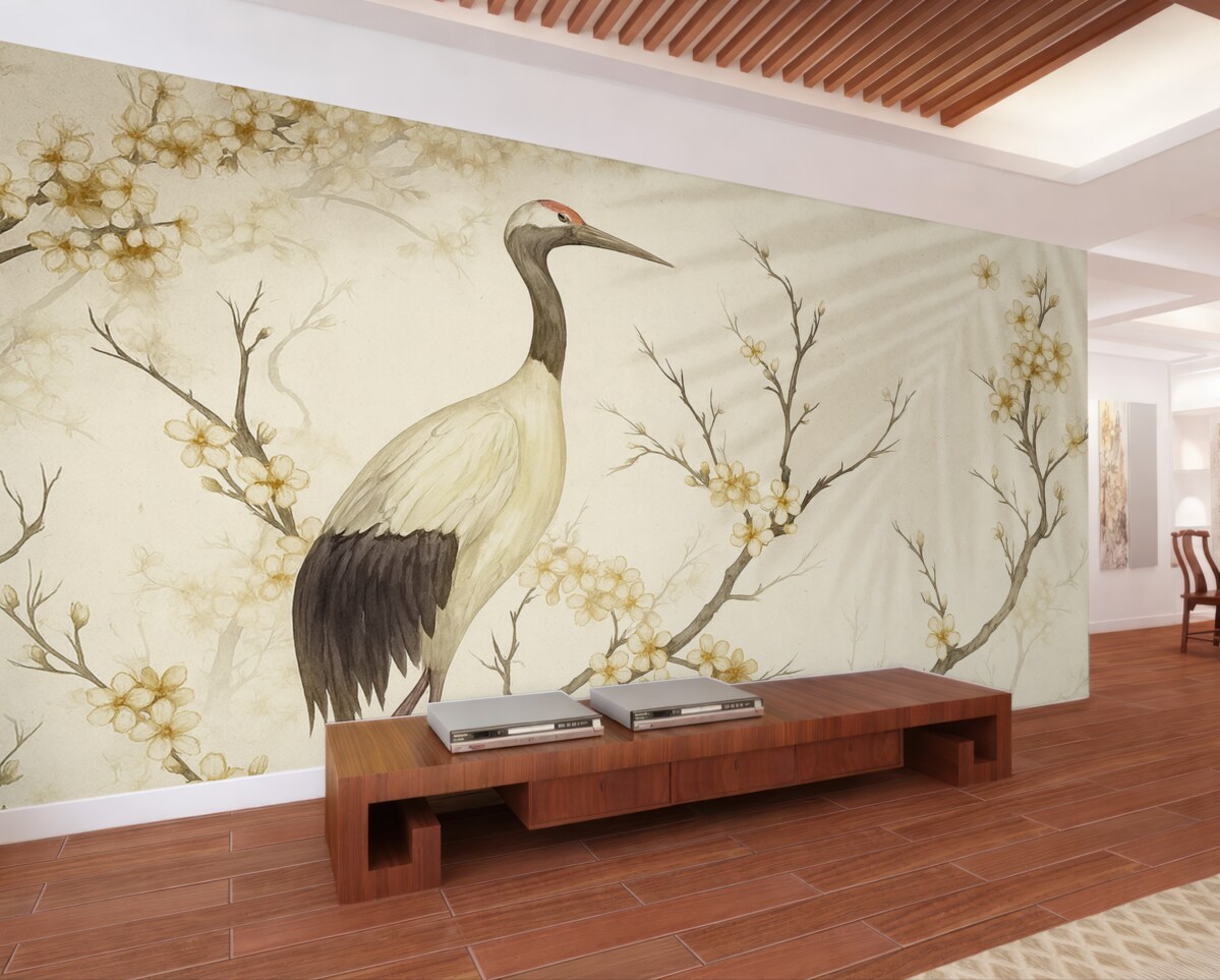 Fototapeta Biały żuraw stojący na konarze z kwitnącymi roślinami na delikatnym, rozmytym tle.