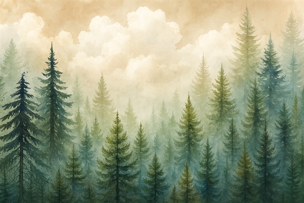 Fototapeta Las wysokich, zawsze zielonych sosen w mglistej atmosferze i pejzażu zmiękczonym delikatnymi, mglistymi chmurami.