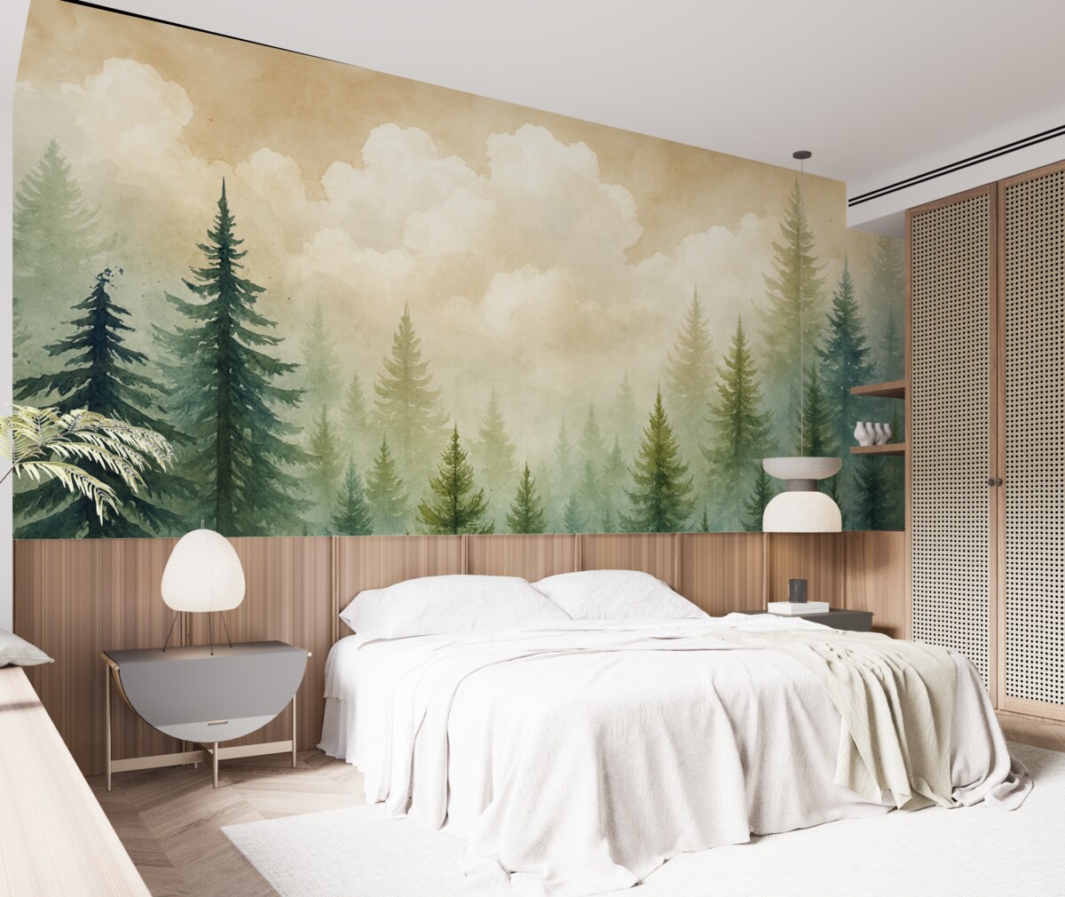 Fototapeta Las wysokich, zawsze zielonych sosen w mglistej atmosferze i pejzażu zmiękczonym delikatnymi, mglistymi chmurami.