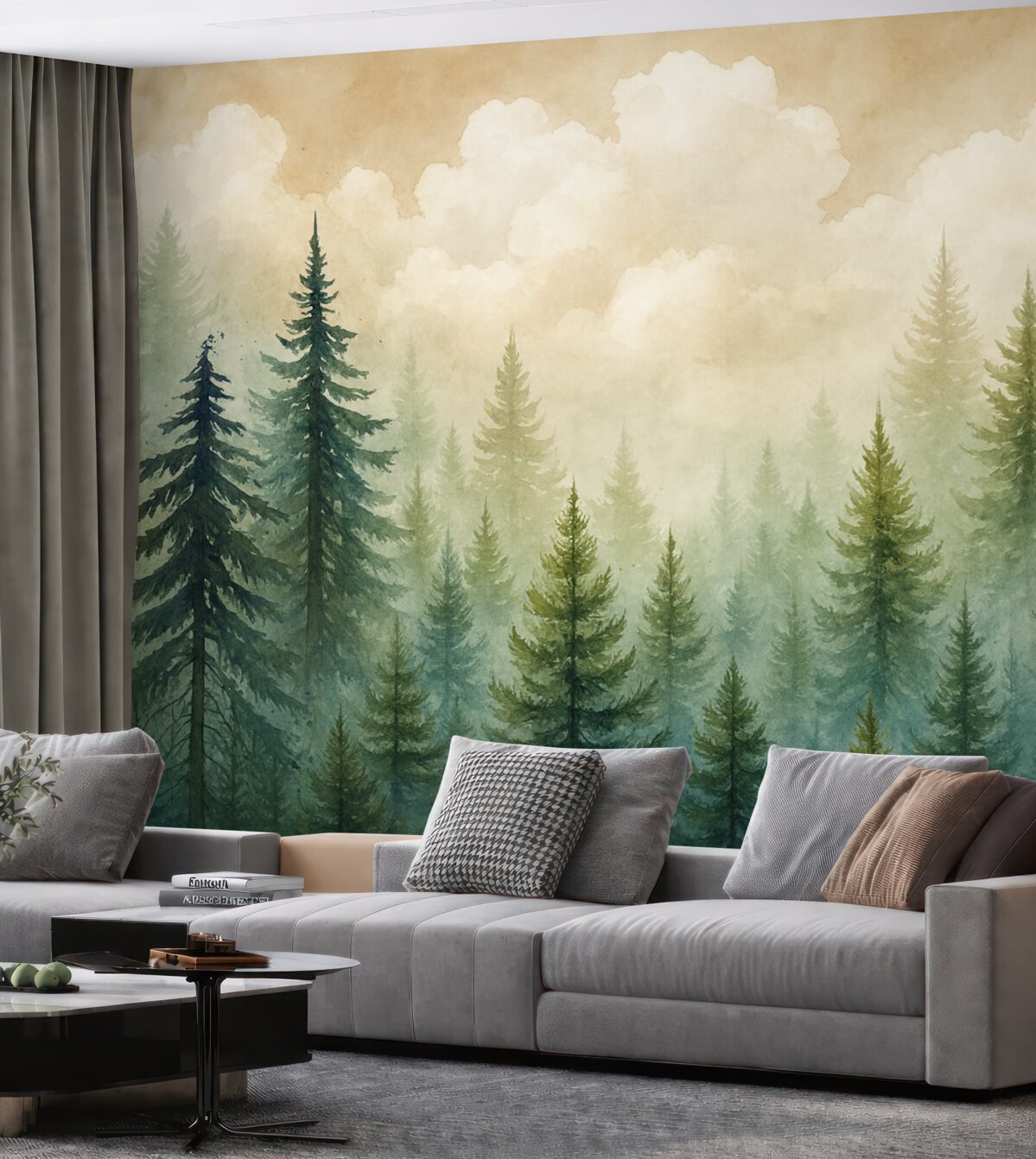 Fototapeta Las wysokich, zawsze zielonych sosen w mglistej atmosferze i pejzażu zmiękczonym delikatnymi, mglistymi chmurami.