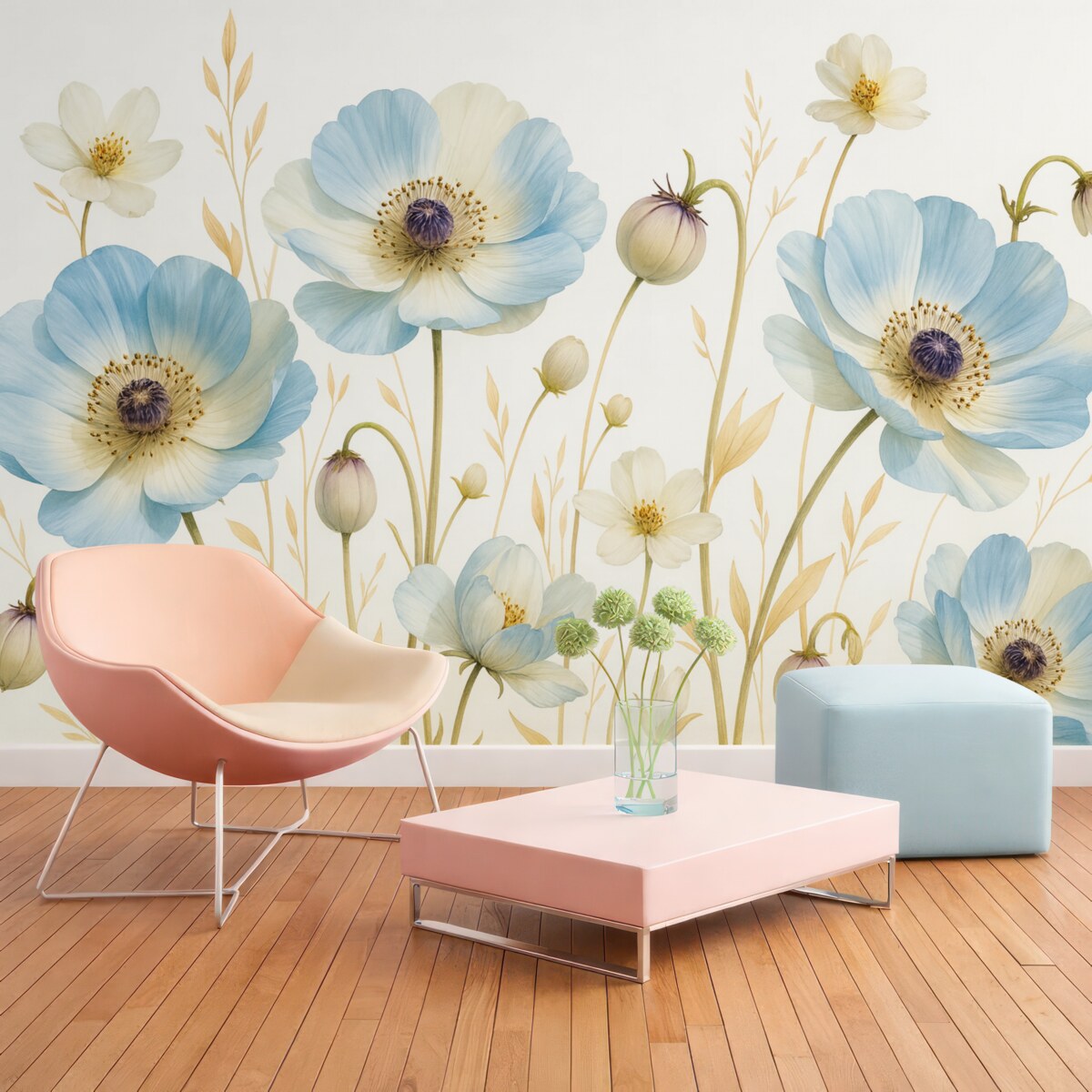 Fototapeta Niebieskie kwiaty anemonów z brązowymi środkami, otoczone wysoką trawą oraz łodygami na jasnym tle.