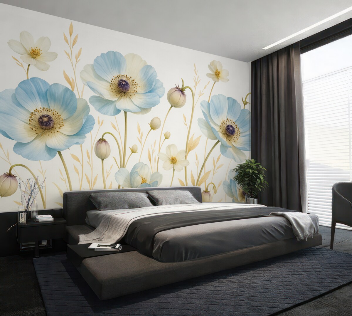 Fototapeta Niebieskie kwiaty anemonów z brązowymi środkami, otoczone wysoką trawą oraz łodygami na jasnym tle.