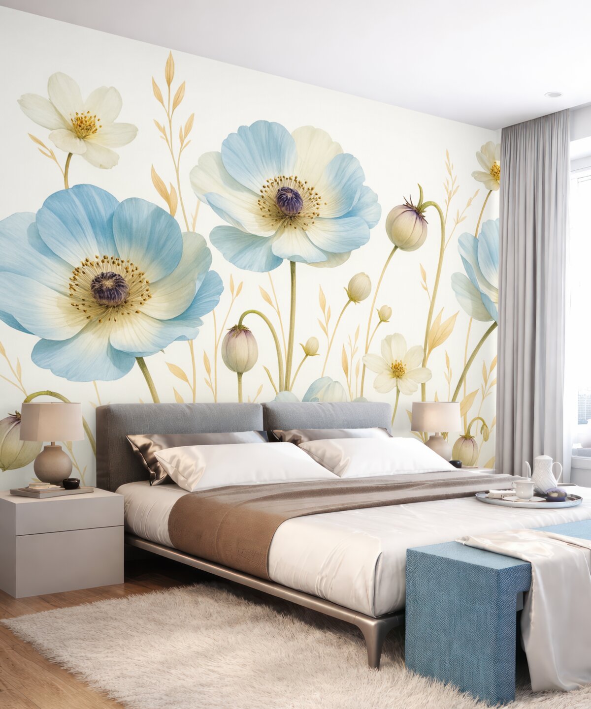 Fototapeta Niebieskie kwiaty anemonów z brązowymi środkami, otoczone wysoką trawą oraz łodygami na jasnym tle.