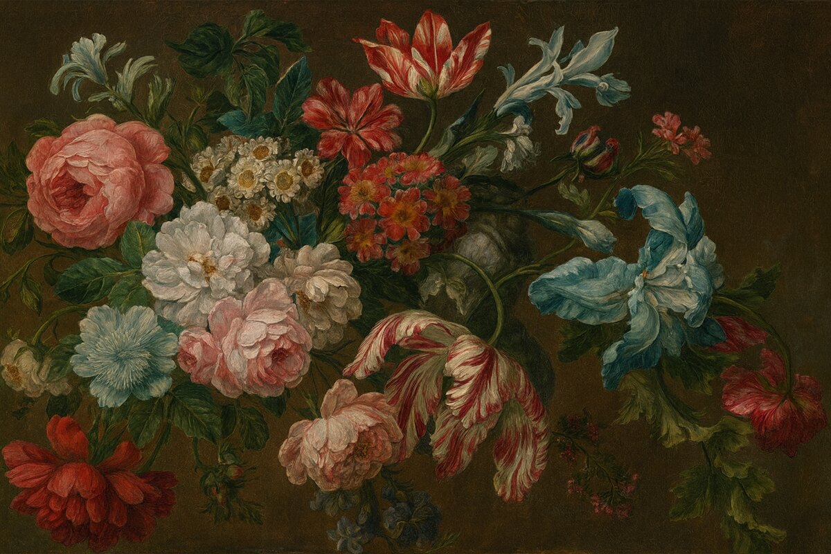 Fototapeta Wielobarwne kwiaty w stylu retro, w tym różowe piwonie, czerwone goździki oraz białe lilie na ciemnym tle.