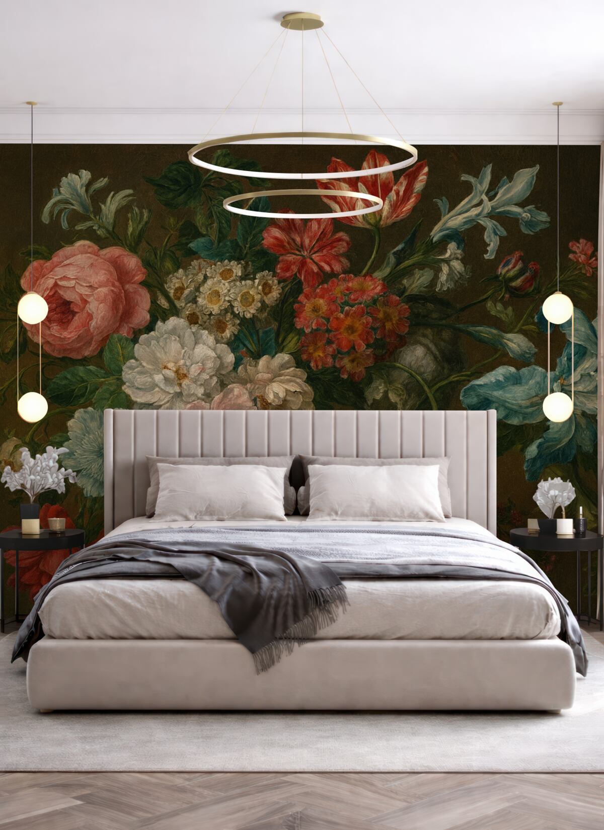 Fototapeta Wielobarwne kwiaty w stylu retro, w tym różowe piwonie, czerwone goździki oraz białe lilie na ciemnym tle.