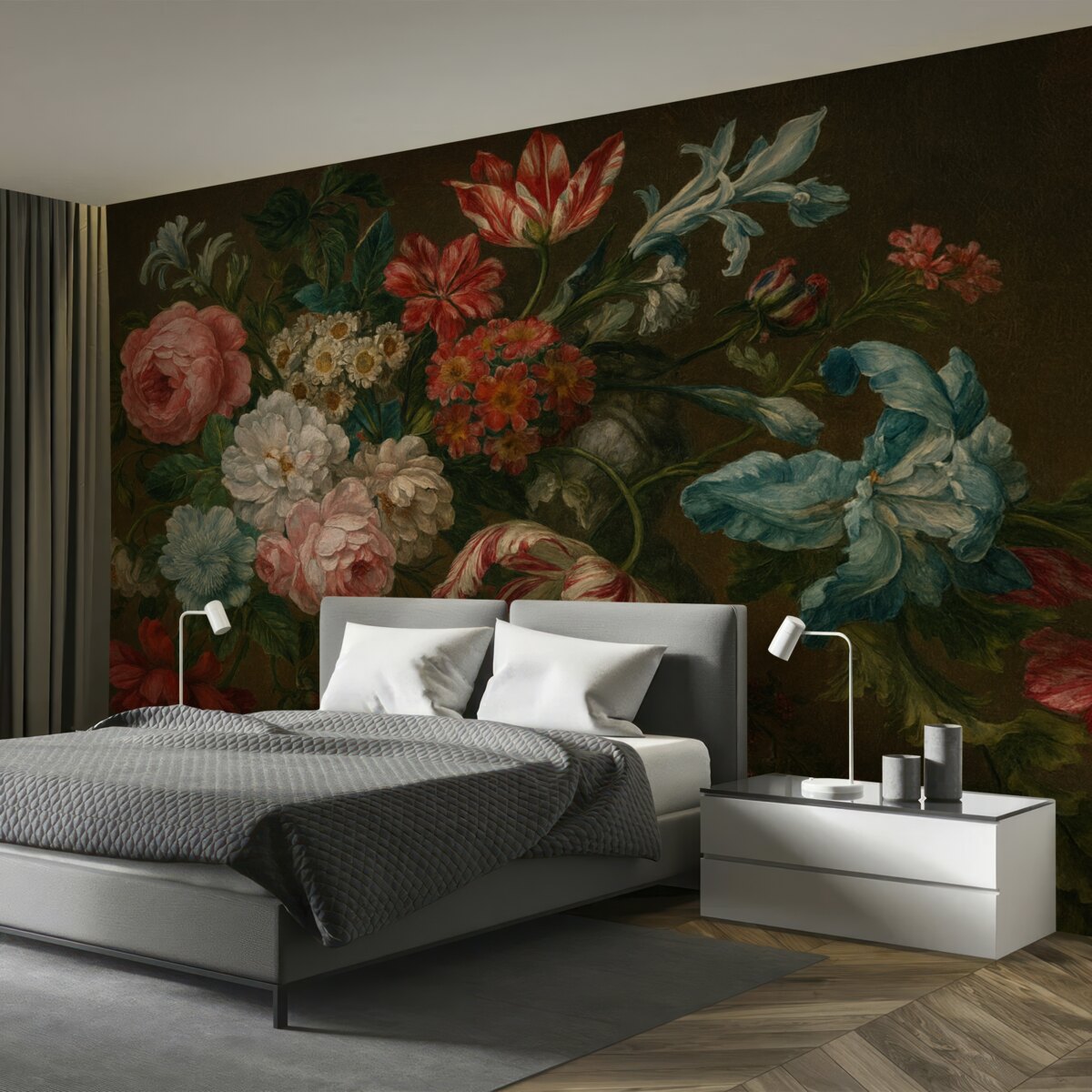 Fototapeta Wielobarwne kwiaty w stylu retro, w tym różowe piwonie, czerwone goździki oraz białe lilie na ciemnym tle.