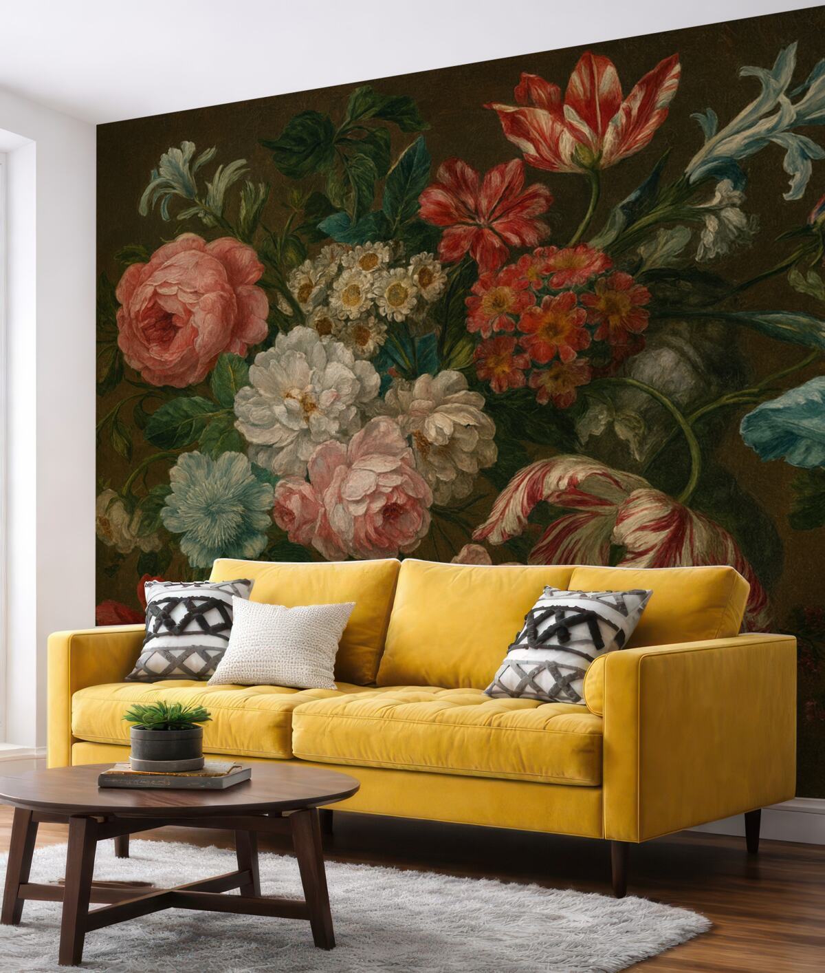 Fototapeta Wielobarwne kwiaty w stylu retro, w tym różowe piwonie, czerwone goździki oraz białe lilie na ciemnym tle.