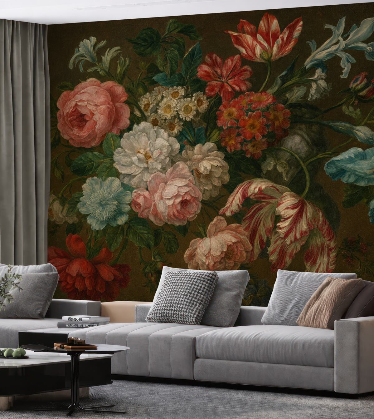 Fototapeta Wielobarwne kwiaty w stylu retro, w tym różowe piwonie, czerwone goździki oraz białe lilie na ciemnym tle.