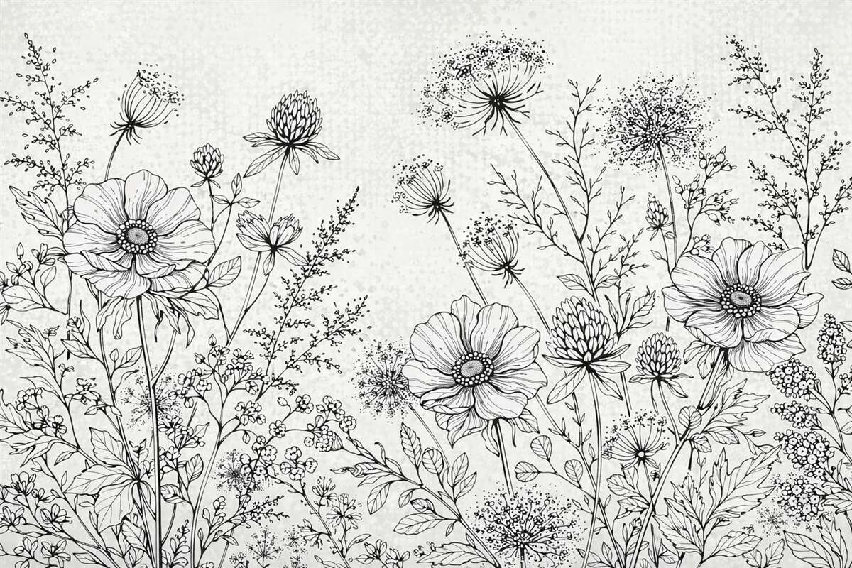 Fototapeta kwiaty namalowane na szarym tle