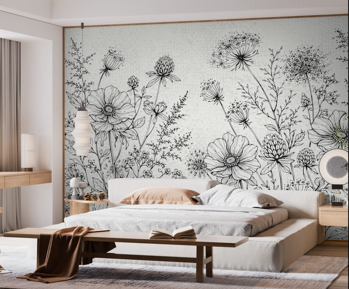 Fototapeta kwiaty namalowane na szarym tle