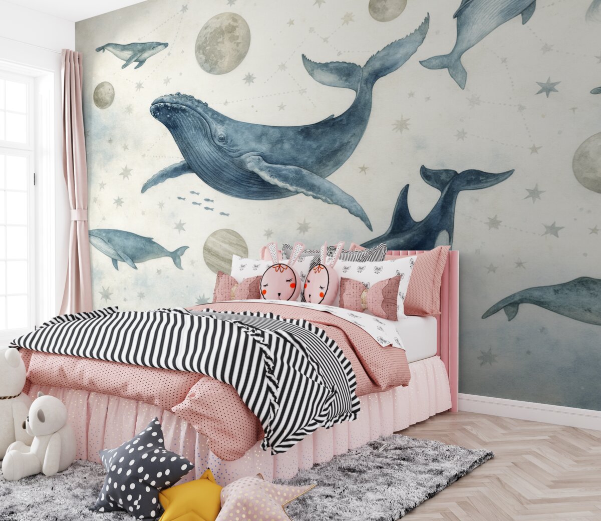 Fototapeta Wieloryby oraz orki, przestrzeń i ciała niebieskie, świat zwierząt w stylu nordyckim.