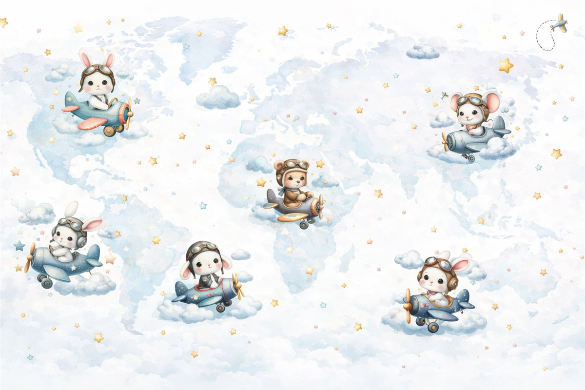 Fototapeta Mapa globu oraz drobne zwierzęta w estetyce skandynawskiej.