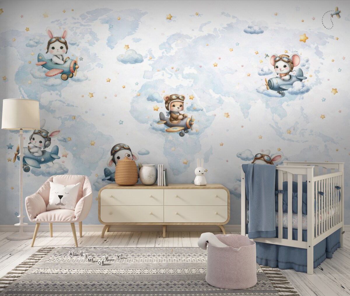 Fototapeta Mapa globu oraz drobne zwierzęta w estetyce skandynawskiej.