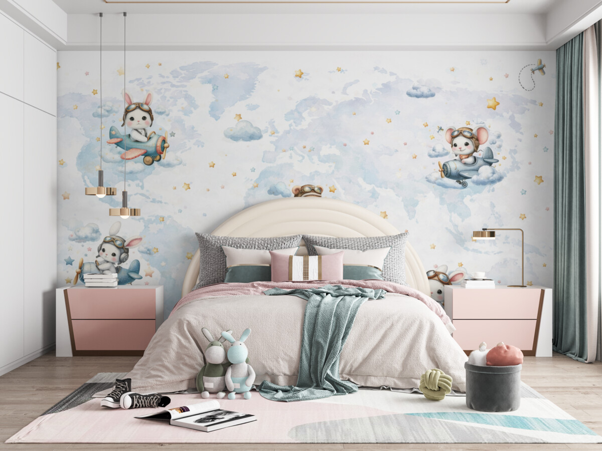 Fototapeta Mapa globu oraz drobne zwierzęta w estetyce skandynawskiej.