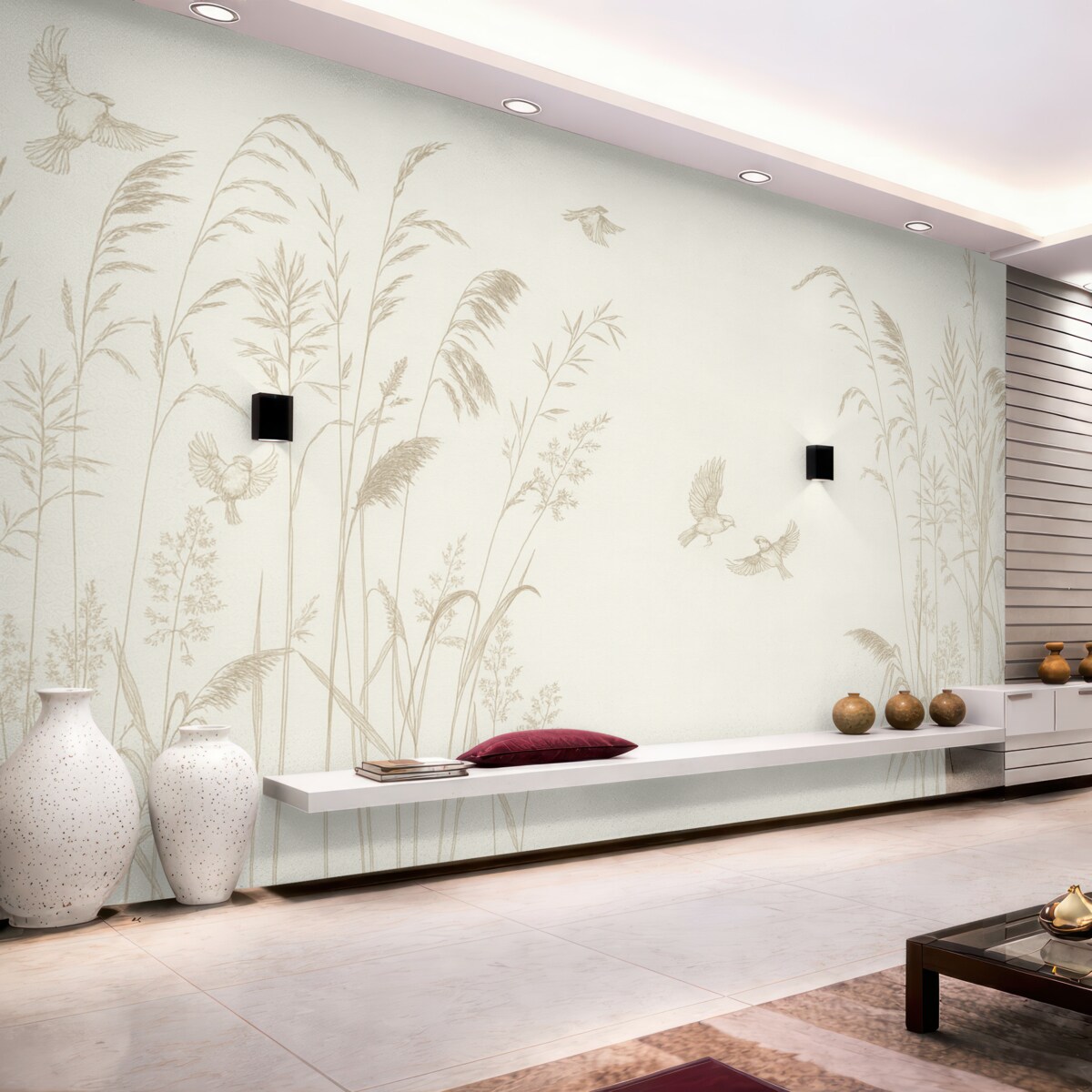 Fototapeta Roślinność i niewielkie ptaki, naturalny minimalizm.