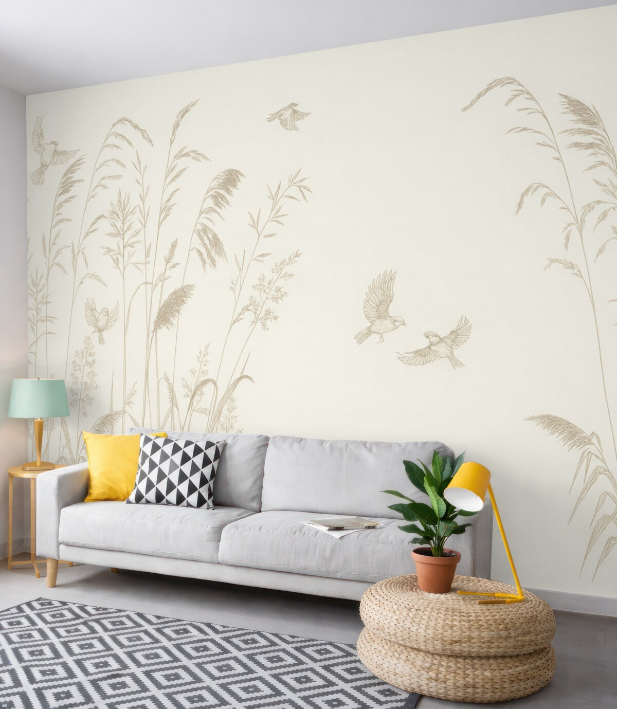 Fototapeta Roślinność i niewielkie ptaki, naturalny minimalizm.