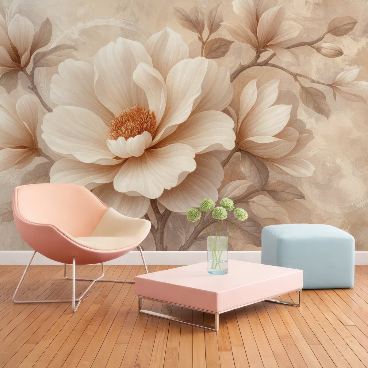 Fototapeta Wielki różowy kwiat na ścianie w stylu grungowym.