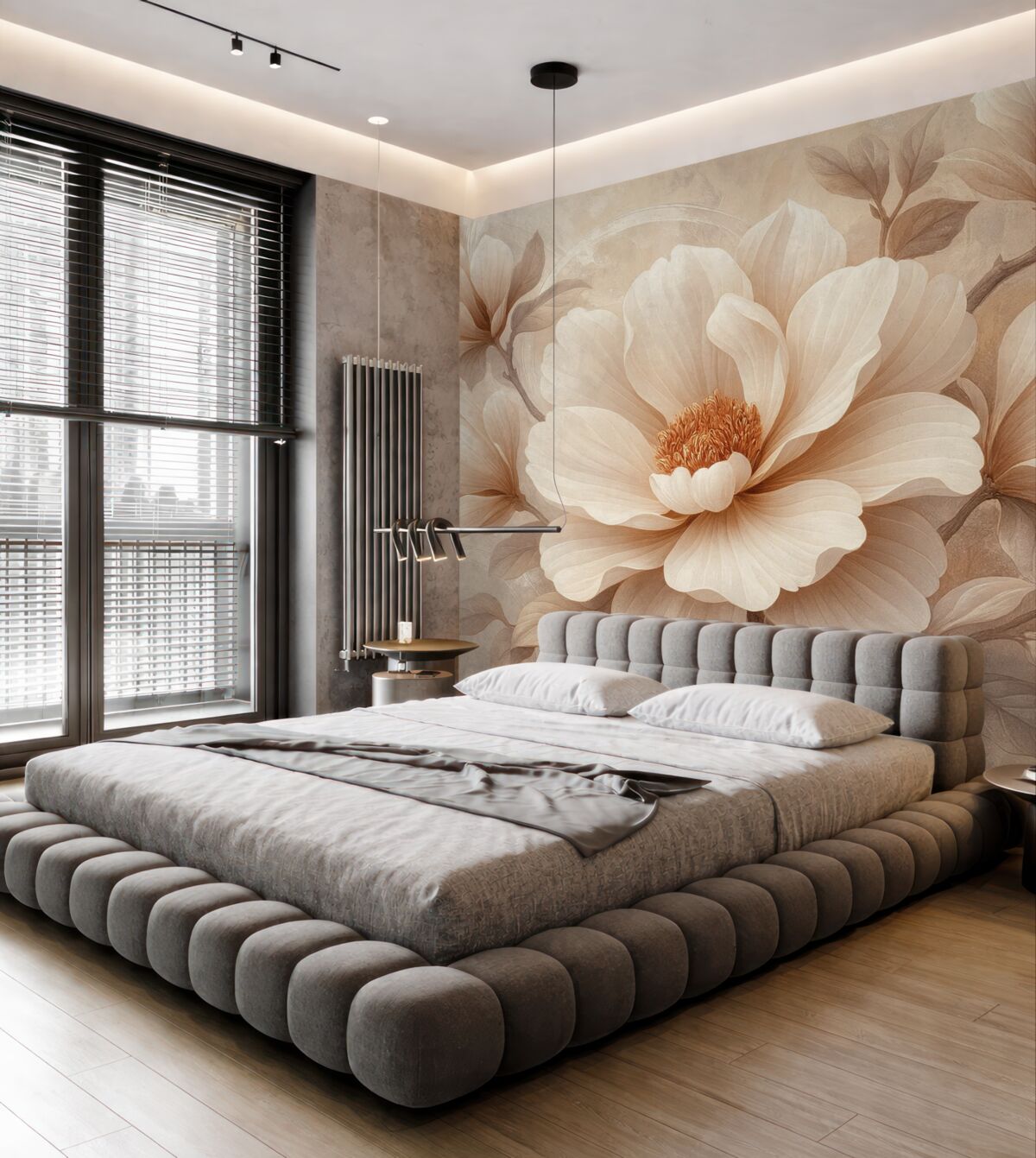 Fototapeta Wielki różowy kwiat na ścianie w stylu grungowym.