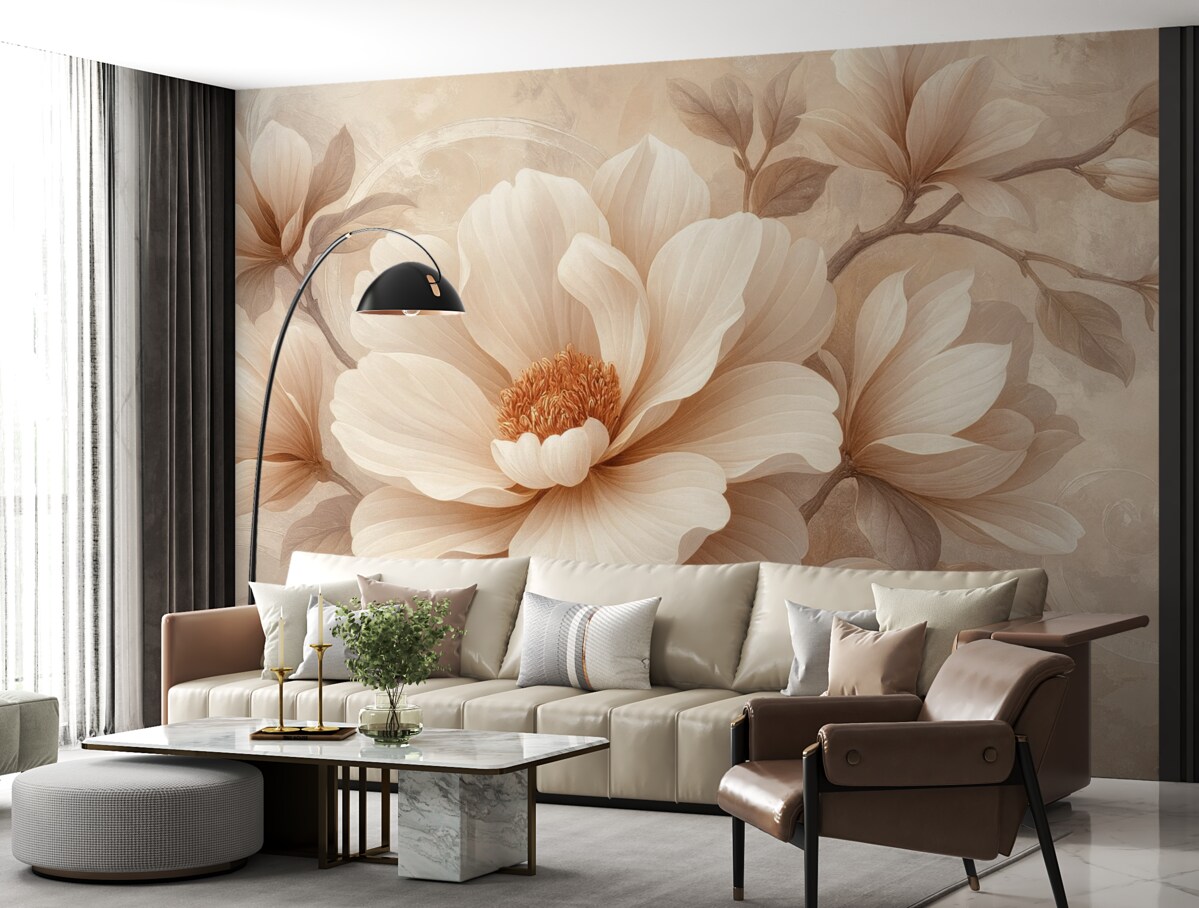 Fototapeta Wielki różowy kwiat na ścianie w stylu grungowym.