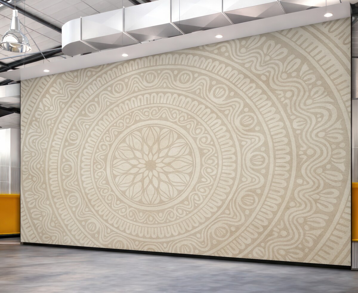 Fototapeta Szczegółowy, symetryczny, szaro-czarny nadruk mandali z koncentrycznymi kręgami i geometrycznymi formami.