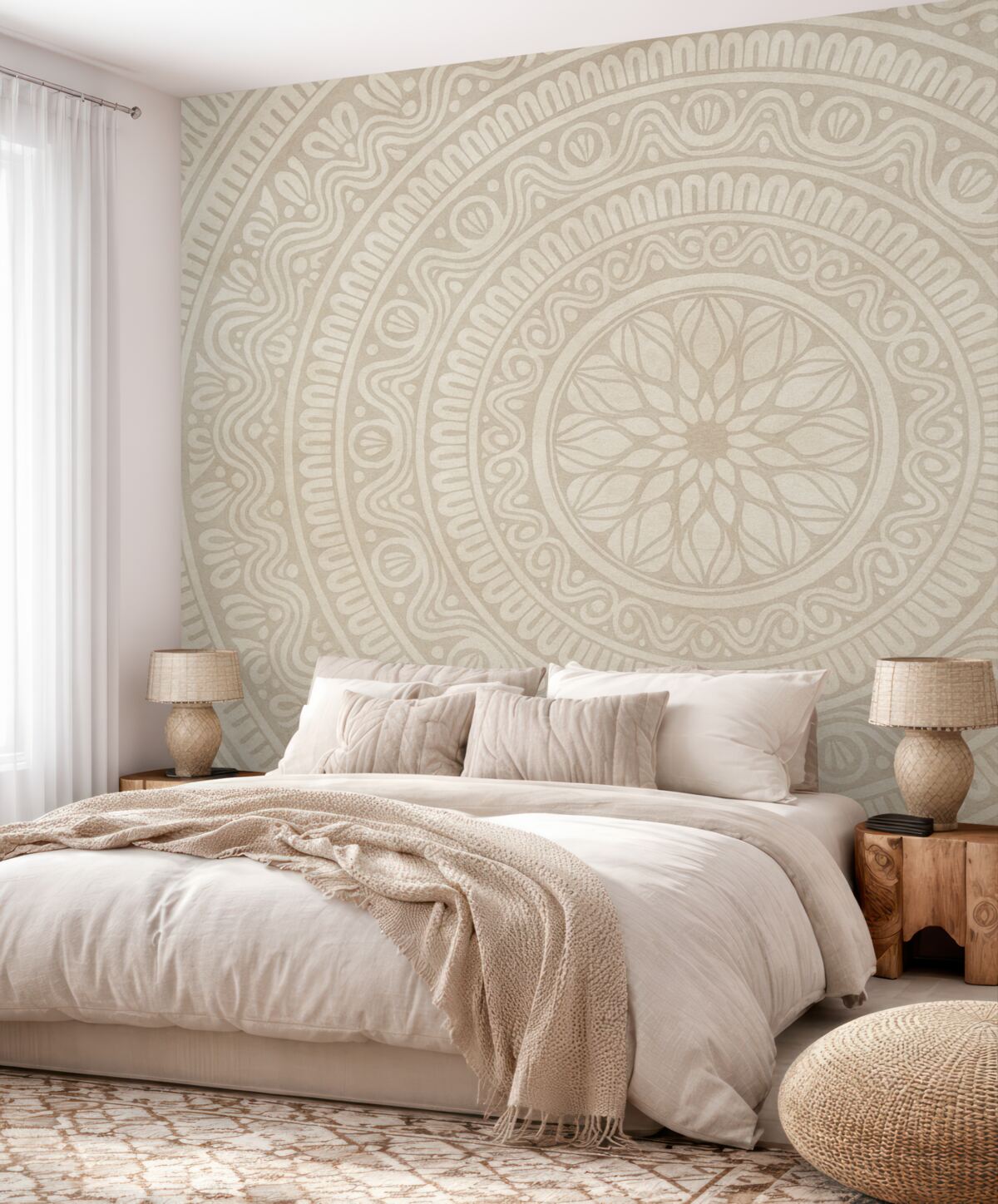 Fototapeta Szczegółowy, symetryczny, szaro-czarny nadruk mandali z koncentrycznymi kręgami i geometrycznymi formami.