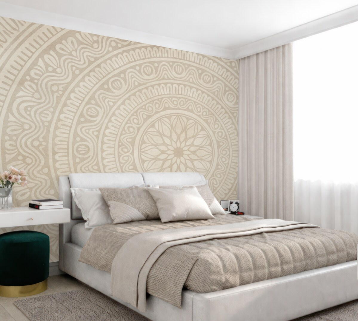 Fototapeta Szczegółowy, symetryczny, szaro-czarny nadruk mandali z koncentrycznymi kręgami i geometrycznymi formami.