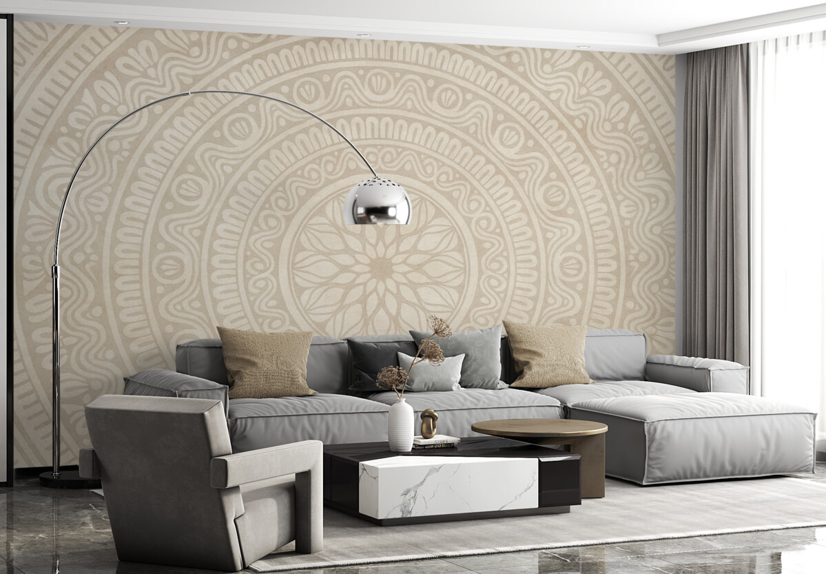 Fototapeta Szczegółowy, symetryczny, szaro-czarny nadruk mandali z koncentrycznymi kręgami i geometrycznymi formami.