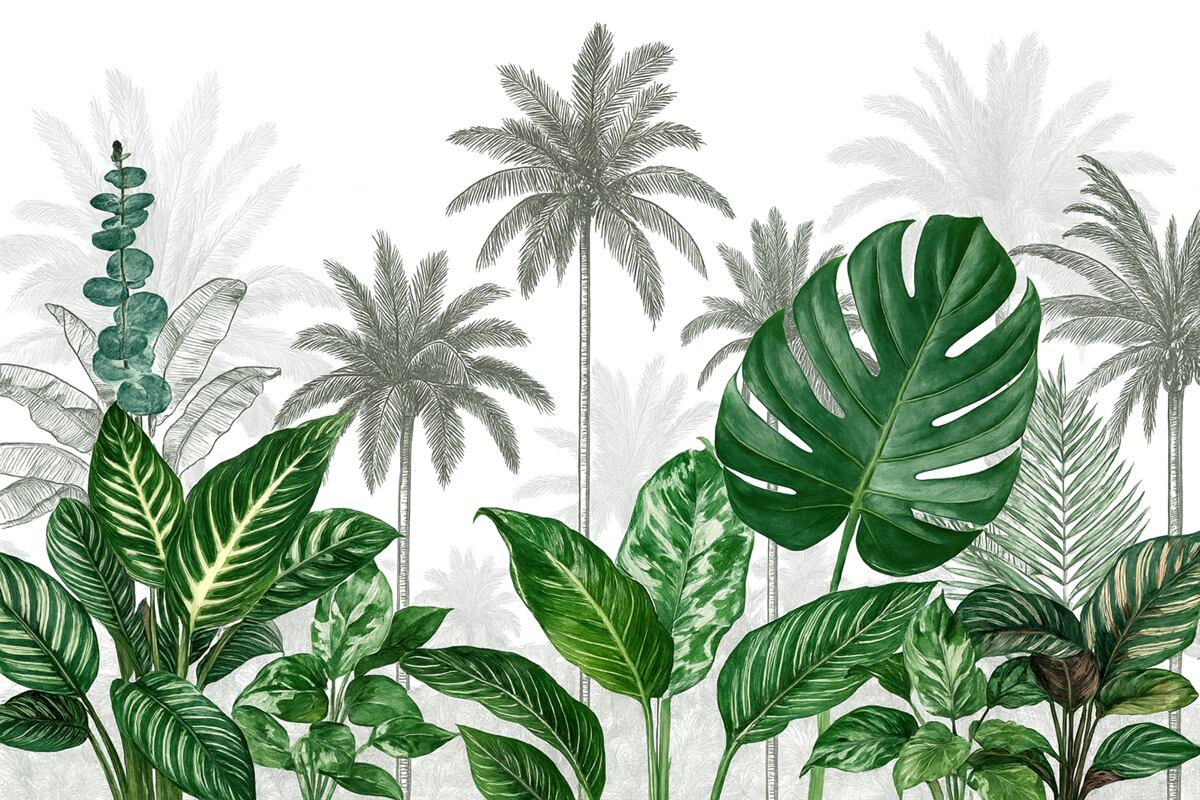 Fototapeta Grafika ukazująca tropikalną dżunglę z palmami oraz dużymi zielonymi liśćmi, stworzona w stylu retro, w konwencji ilustracji botanicznej.