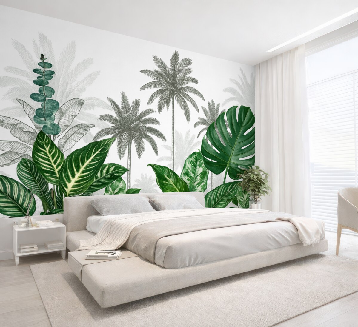 Fototapeta Grafika ukazująca tropikalną dżunglę z palmami oraz dużymi zielonymi liśćmi, stworzona w stylu retro, w konwencji ilustracji botanicznej.