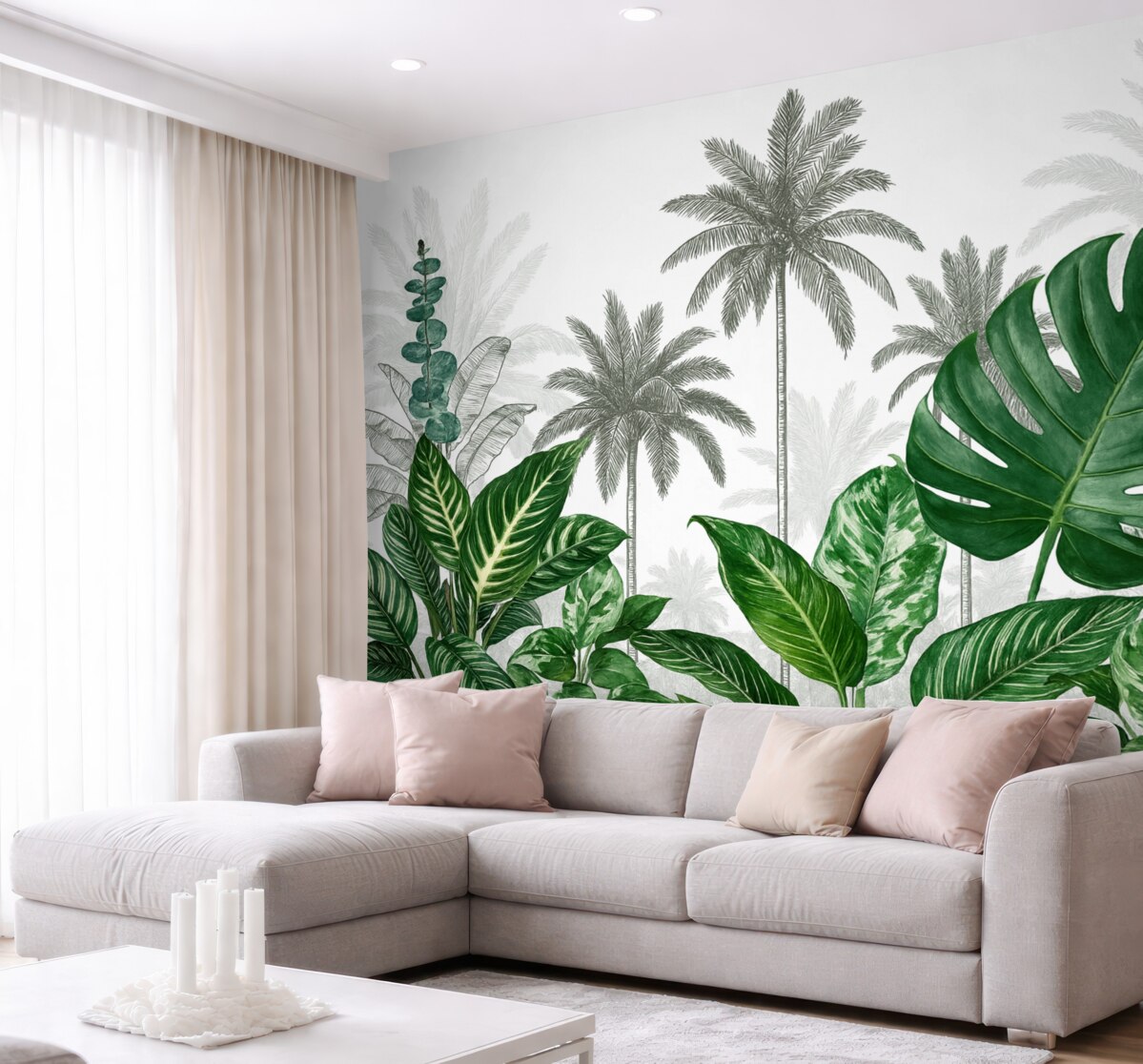 Fototapeta Grafika ukazująca tropikalną dżunglę z palmami oraz dużymi zielonymi liśćmi, stworzona w stylu retro, w konwencji ilustracji botanicznej.