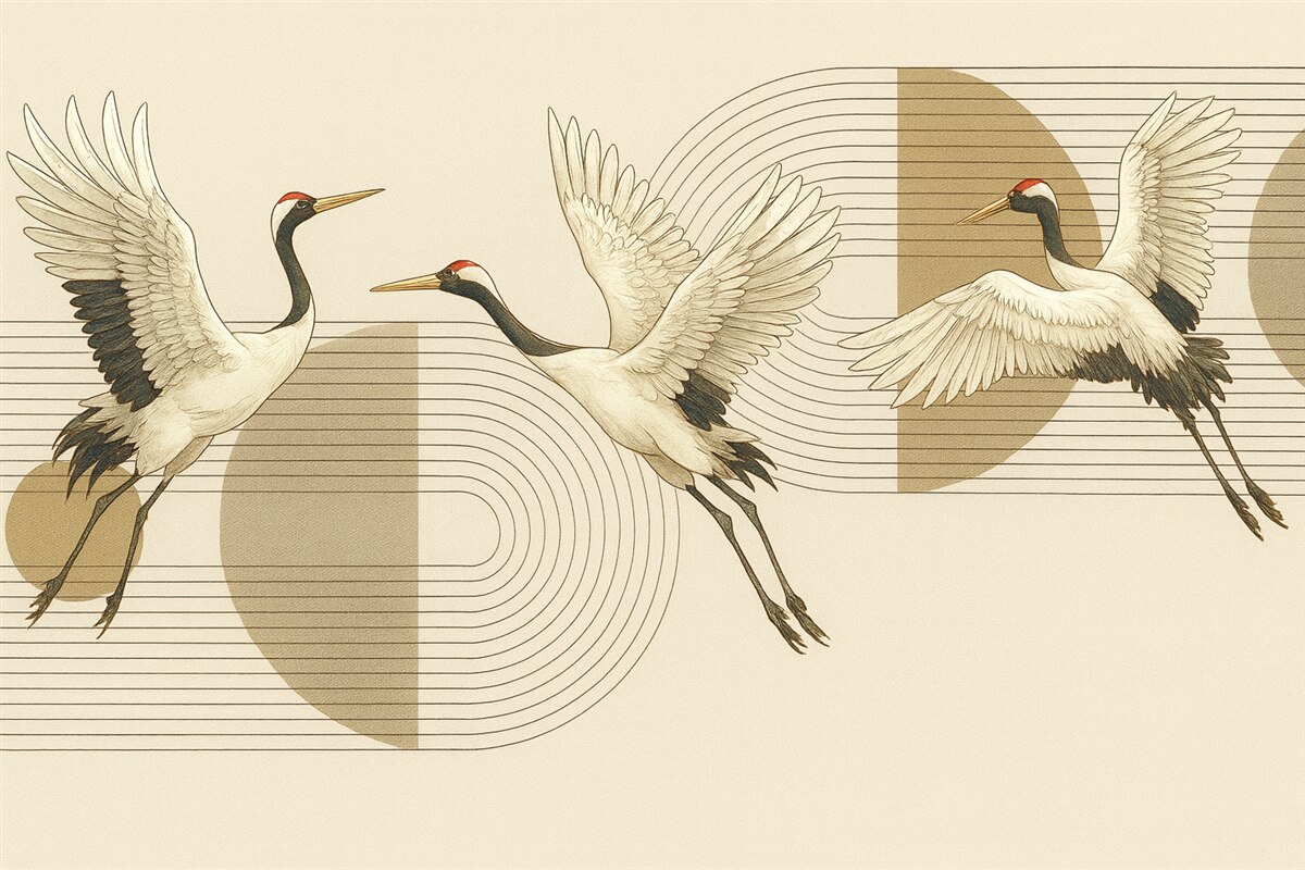 Fototapeta Trzy białe żurawie w powietrzu na geometrycznym, minimalistycznym tle z koncentrycznymi kręgami.