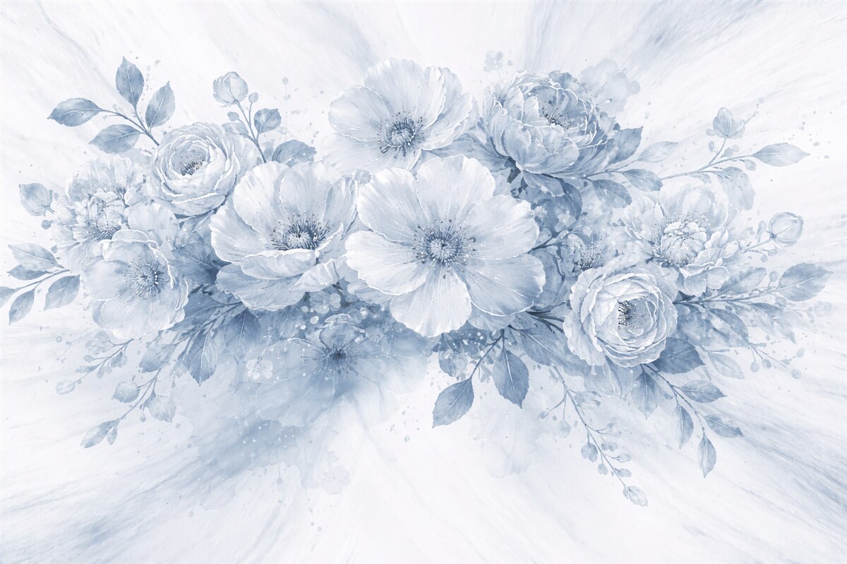 Fototapeta Delikatny, rozmyty motyw florystyczny w tonacjach szarości i bieli, z subtelnymi kwiatami oraz liśćmi.