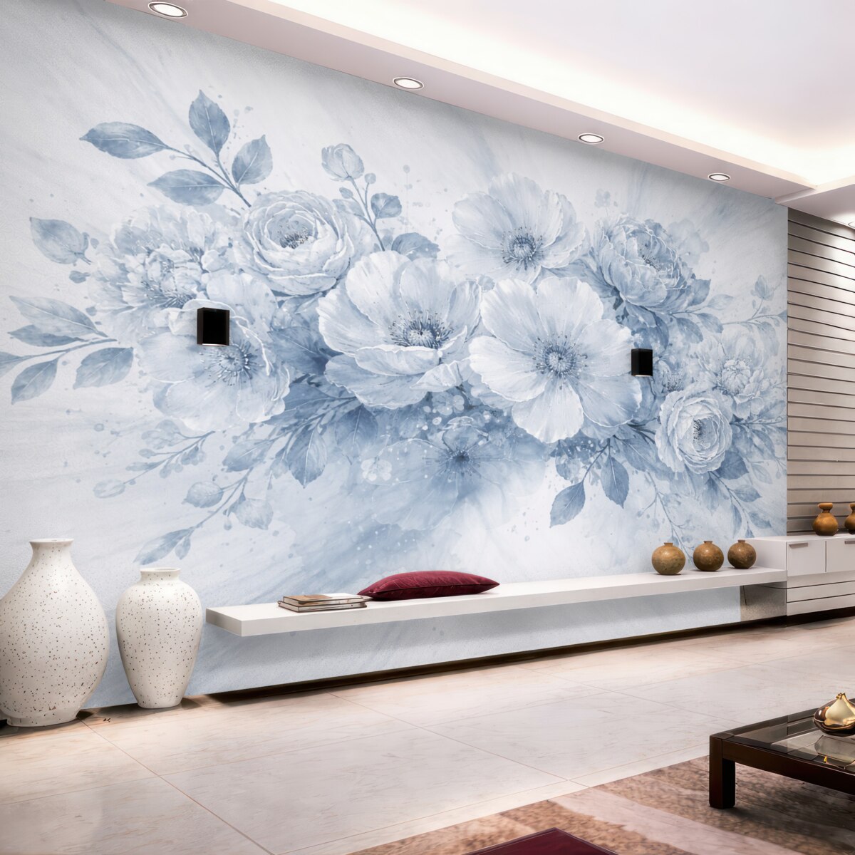 Fototapeta Delikatny, rozmyty motyw florystyczny w tonacjach szarości i bieli, z subtelnymi kwiatami oraz liśćmi.