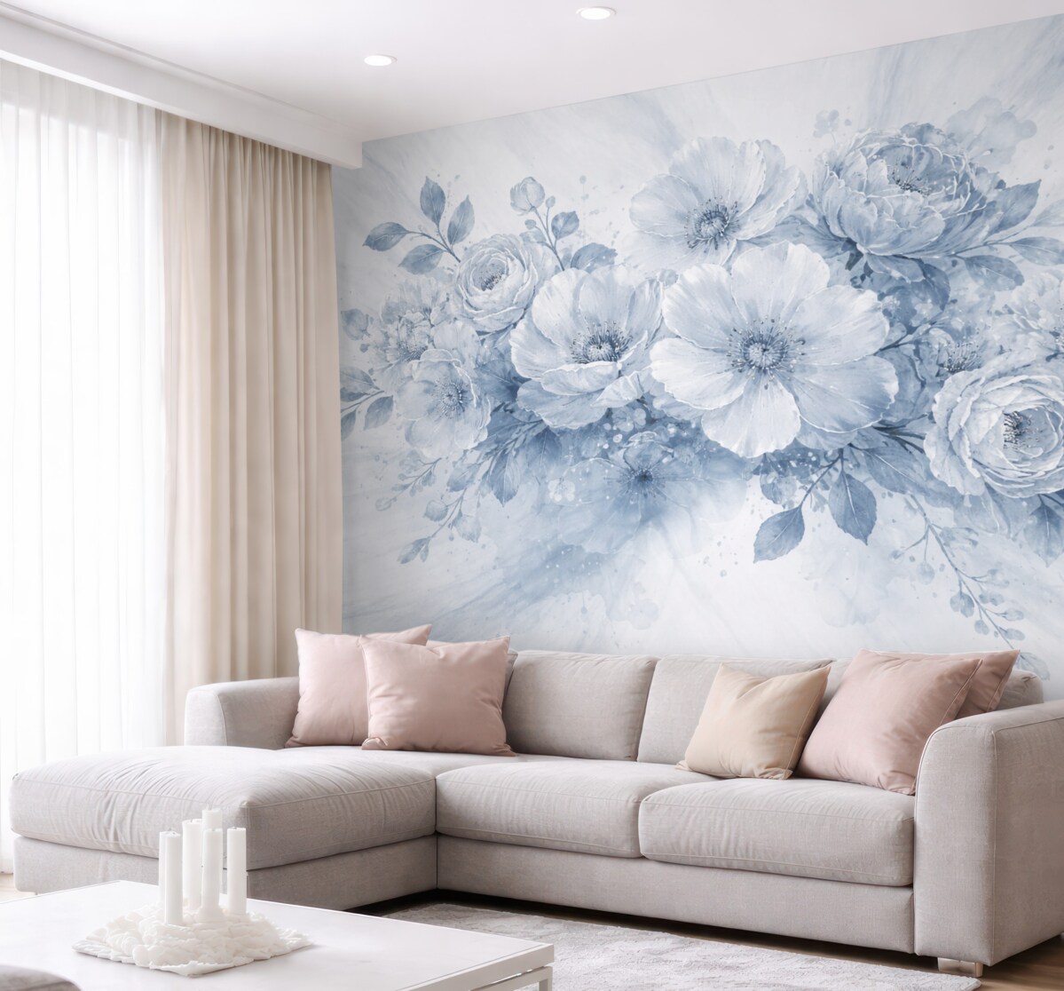 Fototapeta Delikatny, rozmyty motyw florystyczny w tonacjach szarości i bieli, z subtelnymi kwiatami oraz liśćmi.