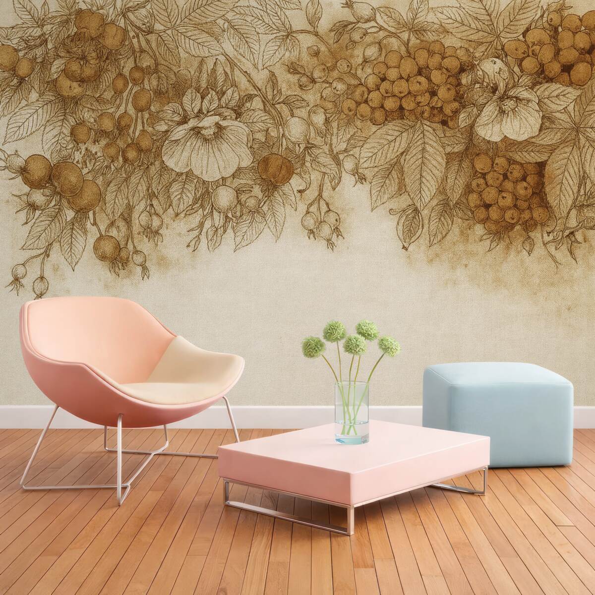 Fototapeta Jesienne liście oraz inne naturalne składniki ułożone w ozdobnym wzorze na fakturowanym tle.