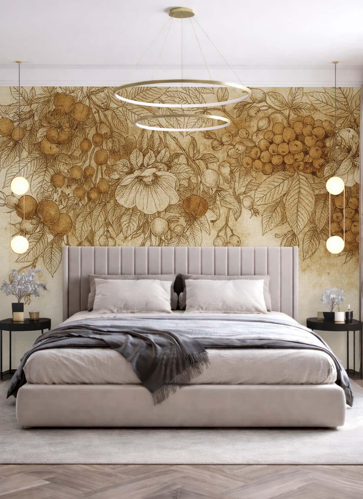 Fototapeta Jesienne liście oraz inne naturalne składniki ułożone w ozdobnym wzorze na fakturowanym tle.