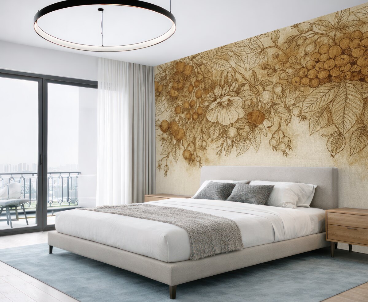 Fototapeta Jesienne liście oraz inne naturalne składniki ułożone w ozdobnym wzorze na fakturowanym tle.