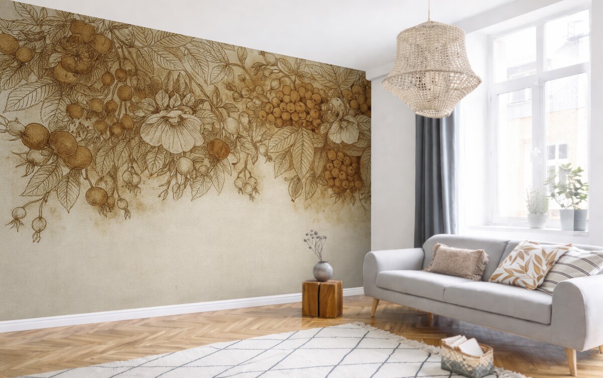 Fototapeta Jesienne liście oraz inne naturalne składniki ułożone w ozdobnym wzorze na fakturowanym tle.