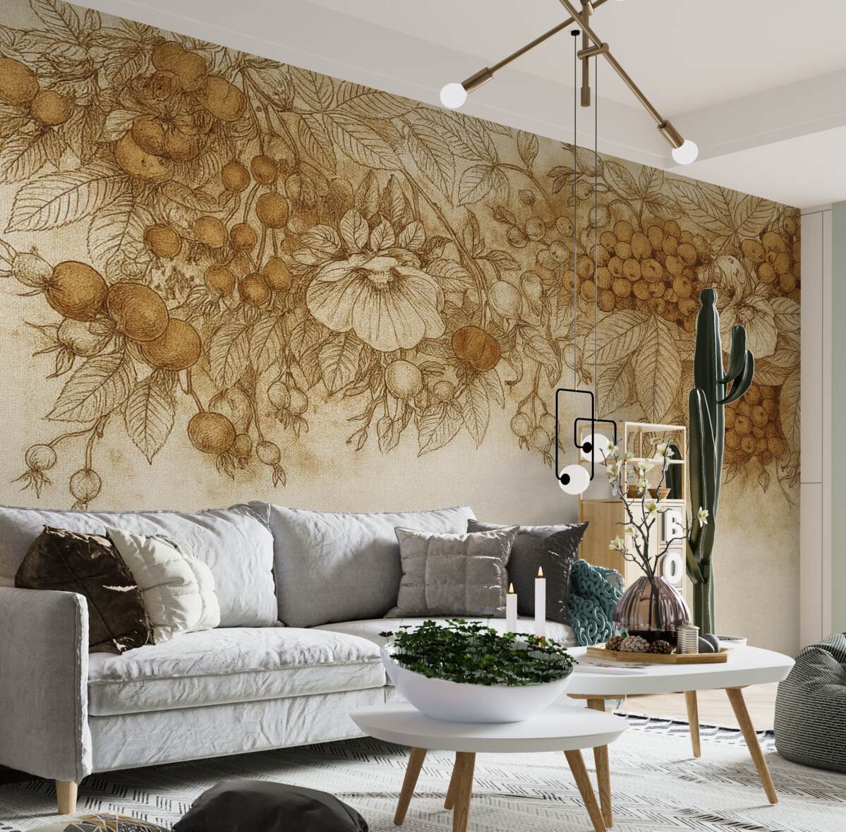 Fototapeta Jesienne liście oraz inne naturalne składniki ułożone w ozdobnym wzorze na fakturowanym tle.